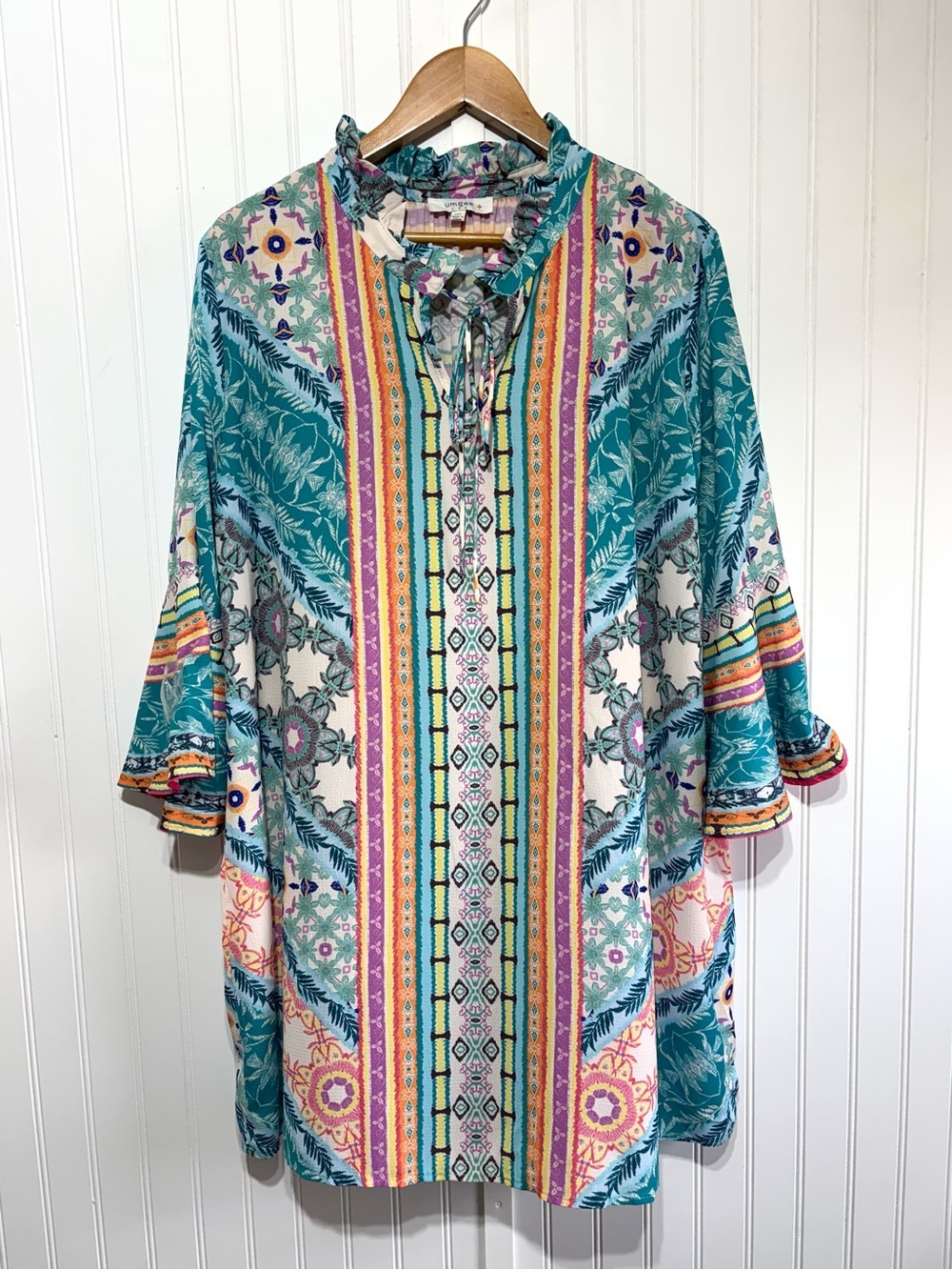 Umgee Boho Mixed Print Ruffle Bell Sleeve Tunic Top Cover Up Size 1XL - Picture 7 of 13